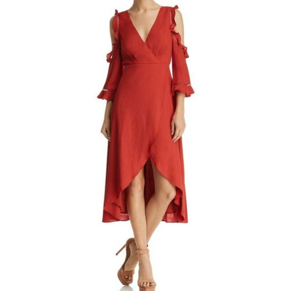 AQUA Ruffled Cold-shoulder High/Low Faux Wrap Dress NWOT